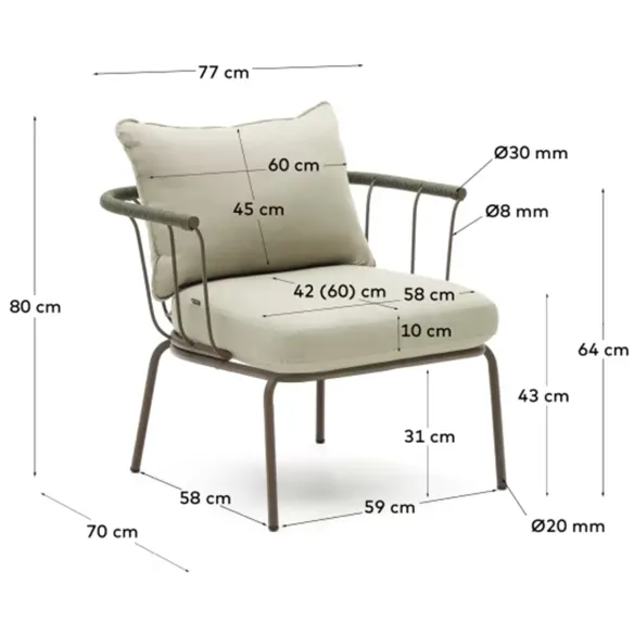 Light Home Poltrona Salguer in corda verde e acciaio con finitura marrone