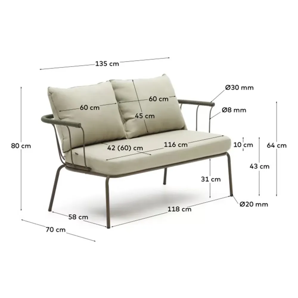 Light Home Divano a 2 posti Salguer in corda verde e acciaio verniciato marrone 134 cm