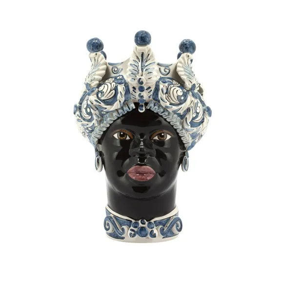 Sicilian Ceramics of Caltagirone "Testa di Moro" Lady Blue, black and white shiny Verus