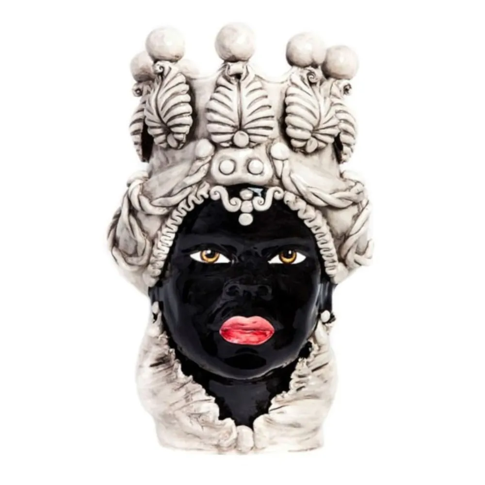 Céramique Sicilienne de Caltagirone "Tête de brun" Lady Verus Blanc antique Noir Brillant