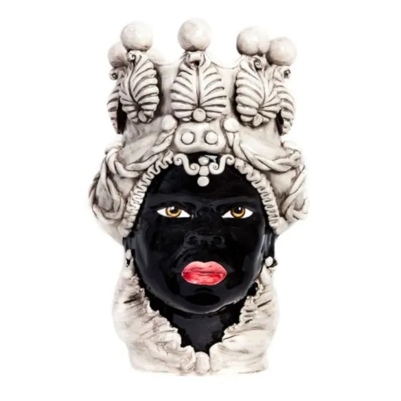 Sizilianische Keramik von Caltagirone "Moro Head" Lady Verus Antik Weiß Schwarz Glänzend