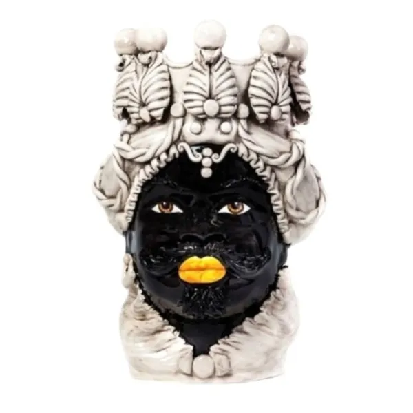 Sicilians Ceramics of Caltagirone "Testa di moro" Man Verus Antique White Glossy Black