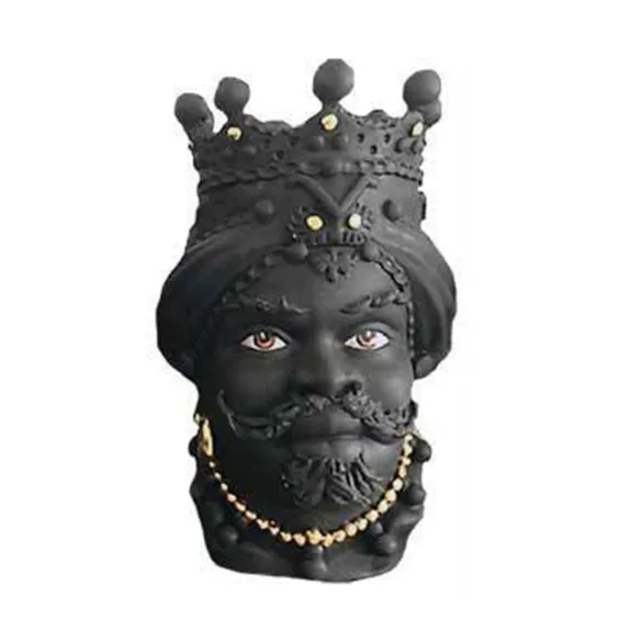 Sizilianische Keramik von Caltagirone "Moro Kopf" Man Verus Schwarz satiniert Details in Gold