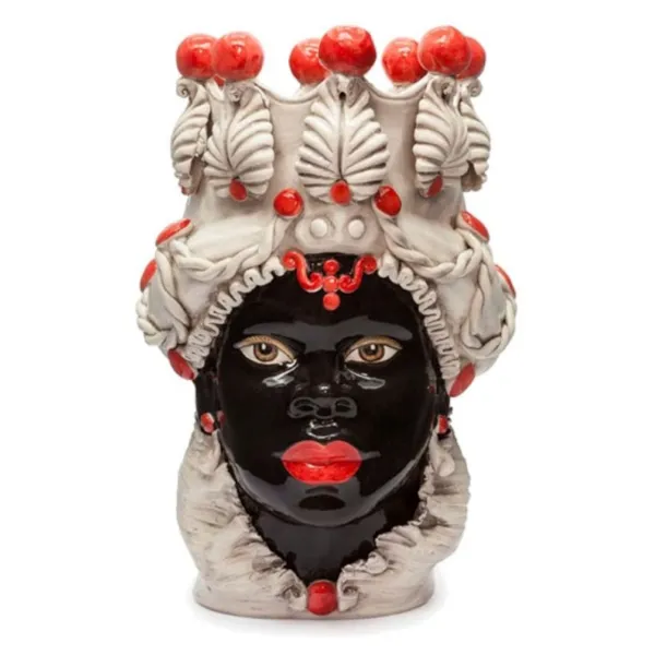 Céramique Sicilienne de Caltagirone "Tête de brun" Lady Verus blanc antique visage noir brillant détails rouges