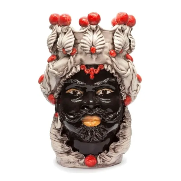 Sicilian Ceramics of Caltagirone "Testa di moro" Man Verus antique white glossy black face red details