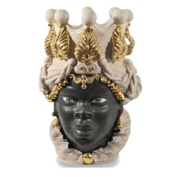 Cerámicas Sicilianas de Caltagirone "Testa di moro" Man Verus blanco brillante cara negra esmerilada detalles oro puro