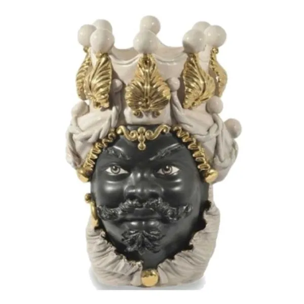 Cerámicas Sicilianas de Caltagirone "Testa di moro" Man Verus blanco brillante cara negra esmerilada detalles oro puro