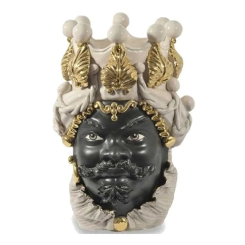 Cerámicas Sicilianas de Caltagirone "Testa di moro" Man Verus blanco brillante cara negra esmerilada detalles oro puro