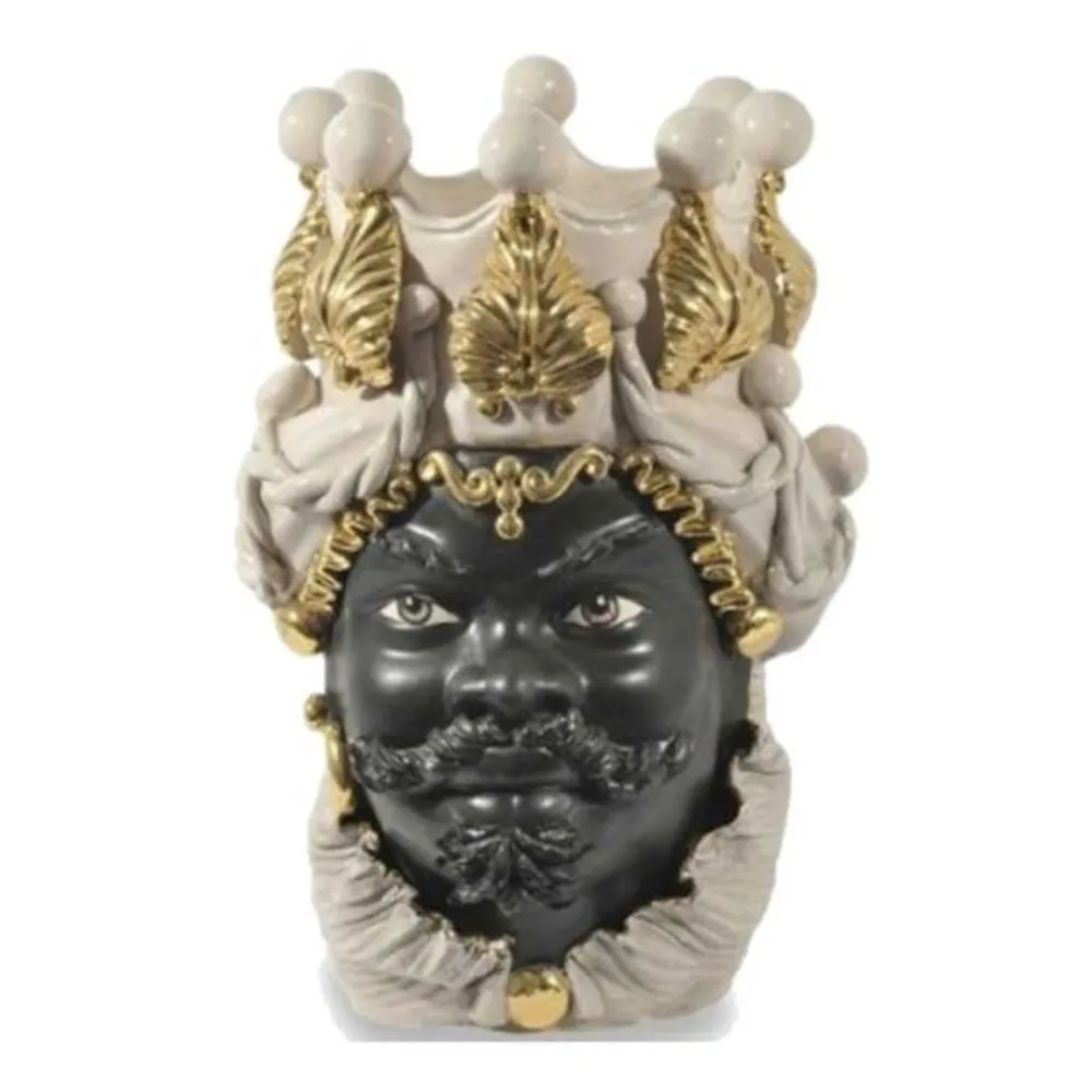 Ceramiche Siciliane di Caltagirone "Testa di moro" Man Verus bianco lucido volto nero satinato dettagli oro zecchino