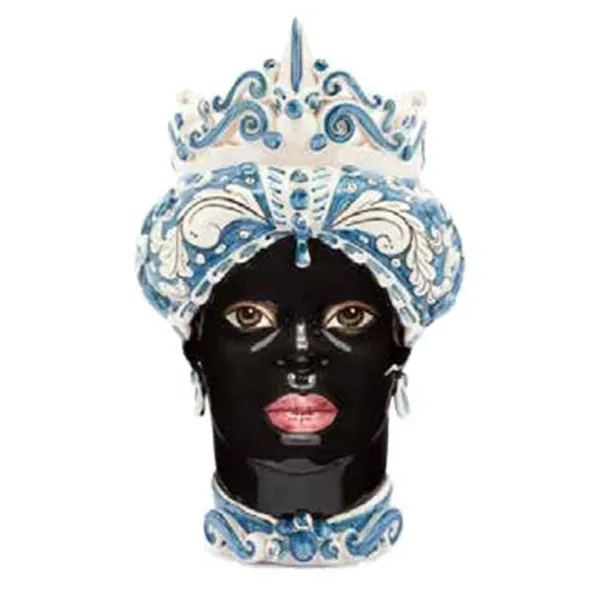 Ceramiche Siciliane di Caltagirone "Testa di moro" Lady Verus a punta ornato bianco e blu volto nero lucido
