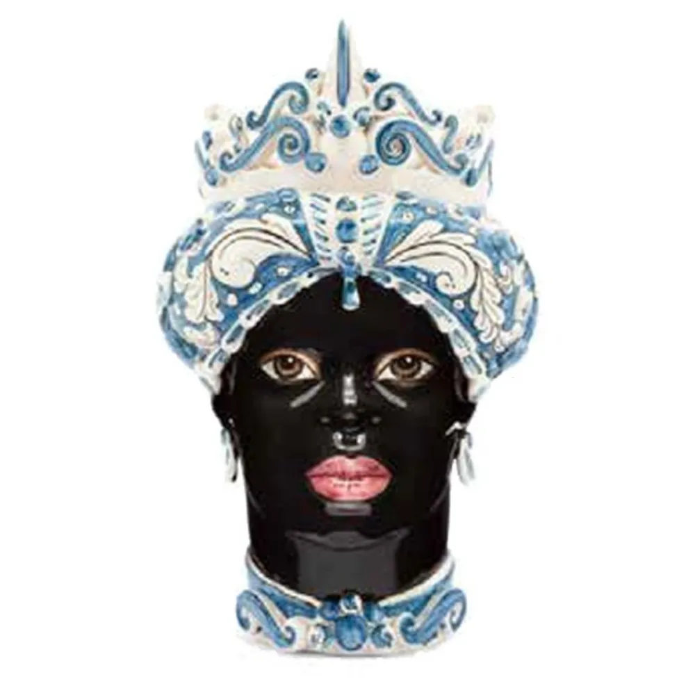 Céramique sicilienne de Caltagirone "Tête de brun" Lady Verus à pointe ornée blanc et bleu visage noir brillant