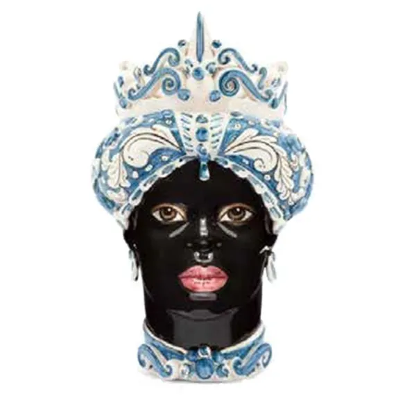 Ceramiche Siciliane di Caltagirone "Testa di moro" Lady Verus a punta ornato bianco e blu volto nero lucido