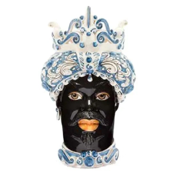 Ceramiche Siciliane di Caltagirone "Testa di moro" Man Verus a punta ornato bianco e blu volto nero lucido