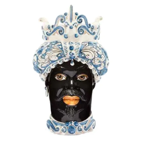 Sicilian Ceramics of Caltagirone "Testa di moro" Man Verus with ornate white and blue pointed glossy black face