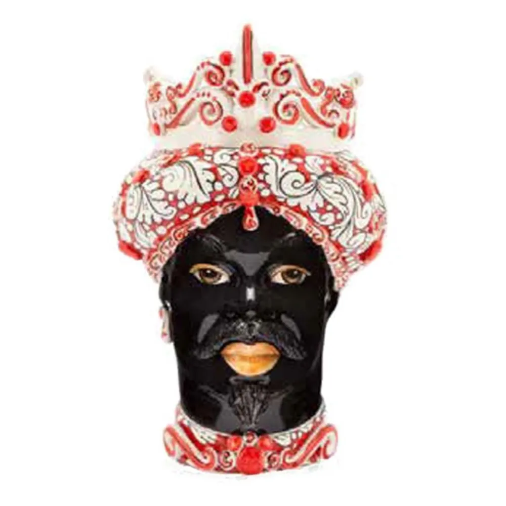 Céramique sicilienne de Caltagirone "Tête de brun" Man Verus à pointe ornée blanc et rouge visage noir brillant