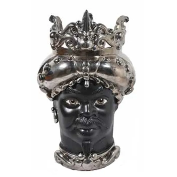 Sizilianische Keramik von Caltagirone "Moro Kopf" Man Verus mit Platinspitze Satin Schwarz