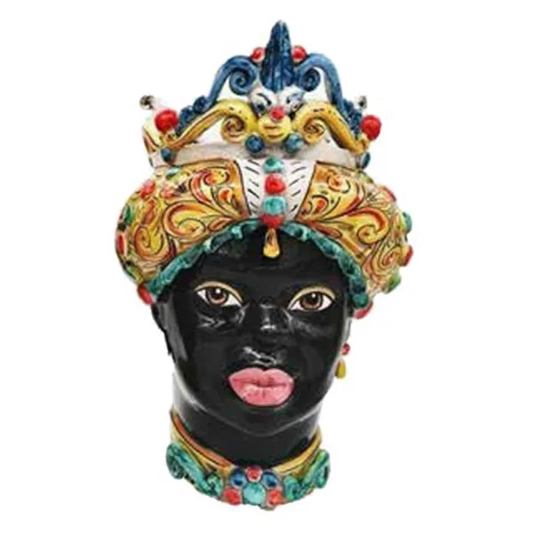 Sicilian Ceramics of Caltagirone "Testa di moro" Man Verus multicolor pointed glossy black face