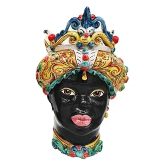 Sizilianische Keramik von Caltagirone "Moro Kopf" Man Verus mit mehrfarbiger Spitze glänzend schwarz