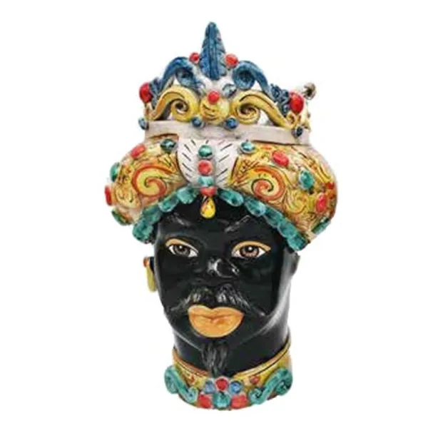 Sizilianische Keramik von Caltagirone "Moro Kopf" Man Verus mit mehrfarbiger Spitze glänzend schwarz