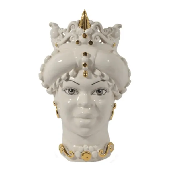 Ceramiche Siciliane di Caltagirone "Testa di moro" Lady Verus a punta bianco lucido dettagli oro zecchino