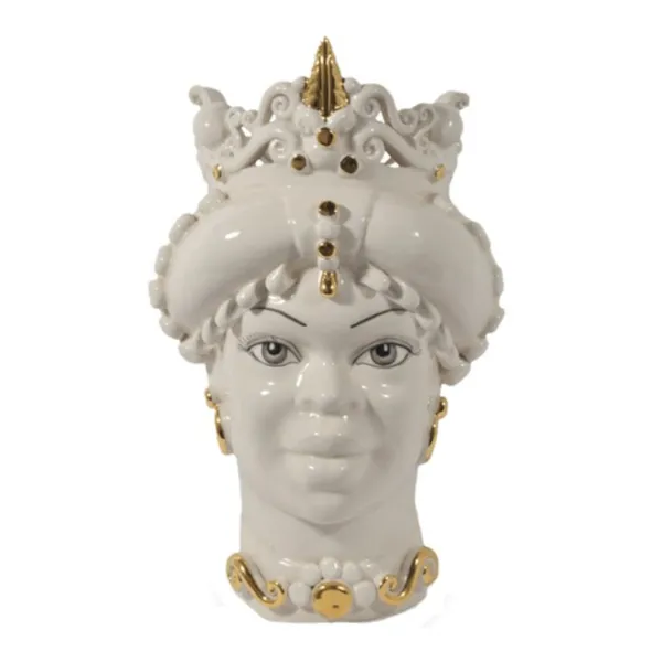 Céramique Sicilienne de Caltagirone "Tête de brun" Lady Verus à pointe blanche brillante détails or pur