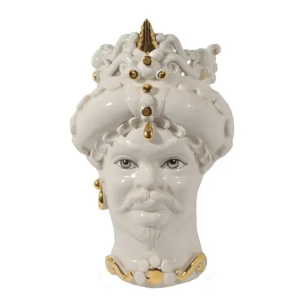 Sizilianische Keramik von Caltagirone "Moro Kopf" Man Verus mit weißer Spitze glänzend goldene Details