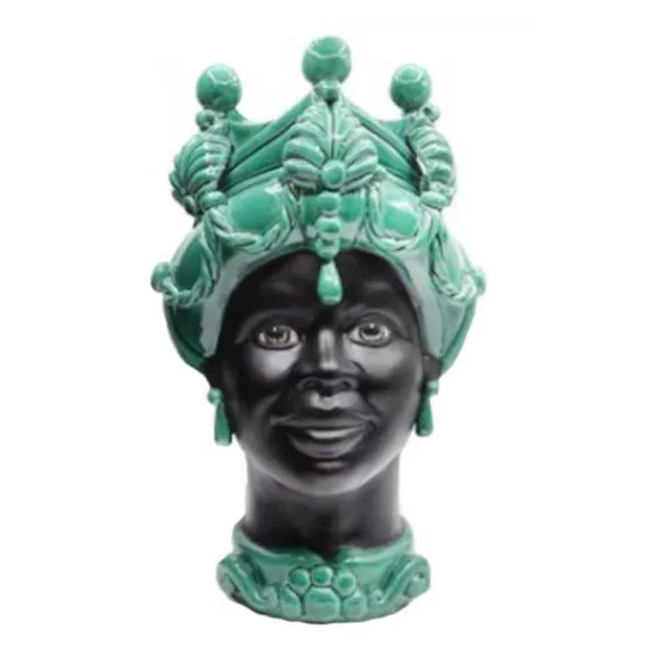 Céramique Sicilienne de Caltagirone "Tête de brun" Lady Verus vert ramina visage noir satiné