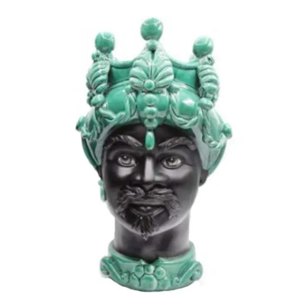 Céramique sicilienne de Caltagirone "Tête de brun" Man Verus vert ramina visage noir satiné