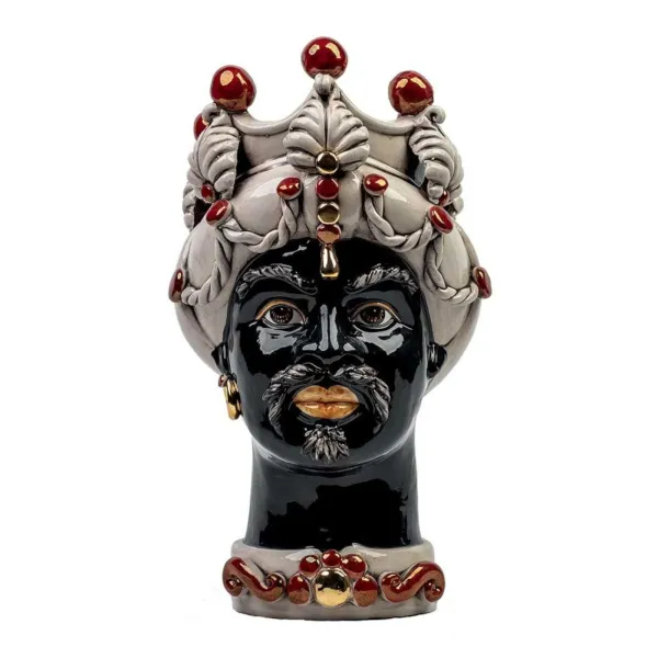 Ceramiche Siciliane di Caltagirone "Testa di moro" Man Verus ornato bianco e rosso volto nero lucido