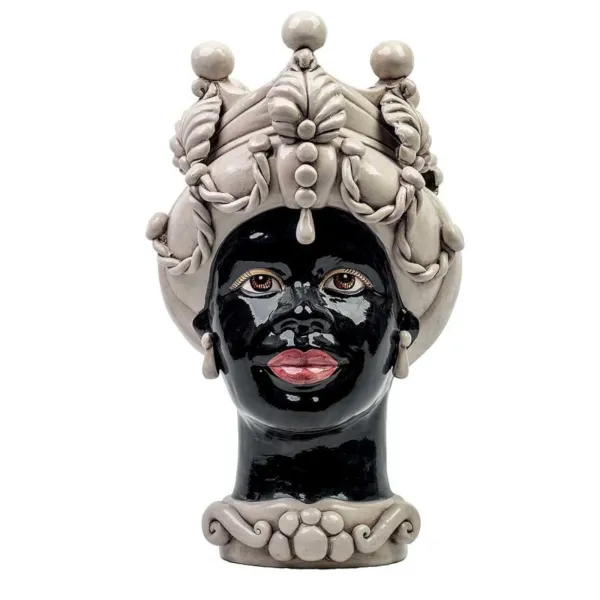 Céramique sicilienne de Caltagirone "Tête de brun" Lady Verus blanc antique visage noir brillant