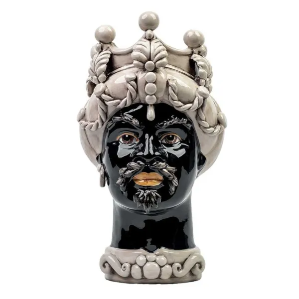 Ceramiche Siciliane di Caltagirone "Testa di moro" Man Verus bianco antico volto nero lucido