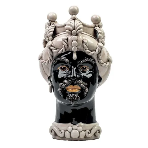 Sicilian Ceramics of Caltagirone "Testa di moro" Man Verus antique white glossy black face