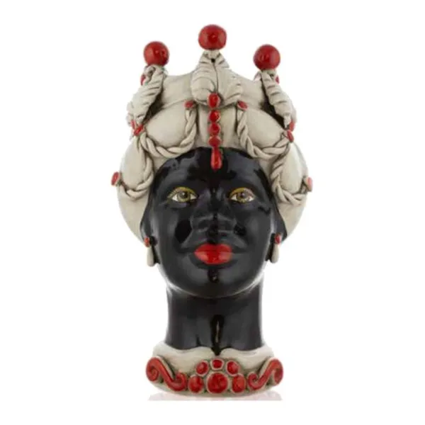 Céramique Sicilienne de Caltagirone "Tête de brun" Lady Verus blanc antique visage noir brillant détails rouges