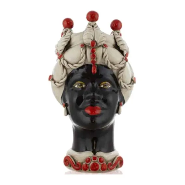 Sizilianische Keramik von Caltagirone "Moro Kopf" Lady Verus White Antik Gesicht schwarz glänzend rote Details