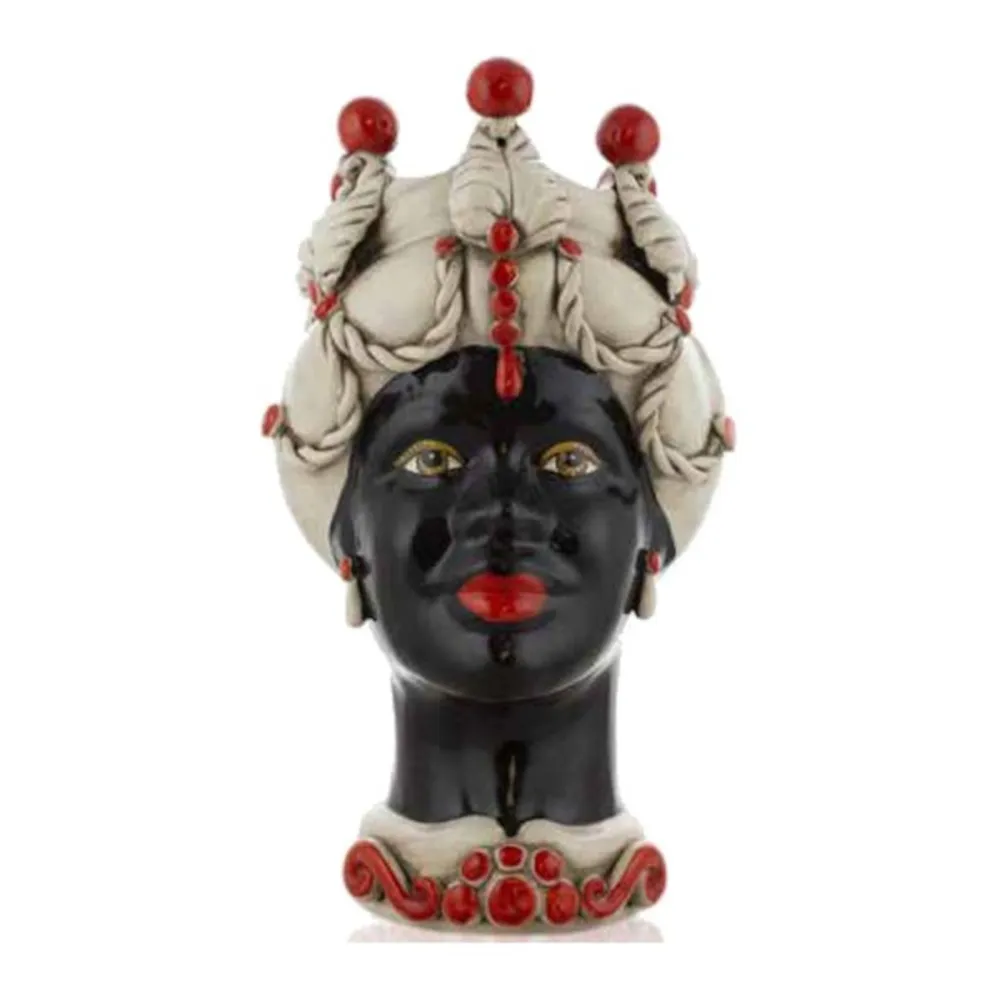 Sicilians Ceramics of Caltagirone "Testa di moro" Lady Verus antique white glossy black face red details
