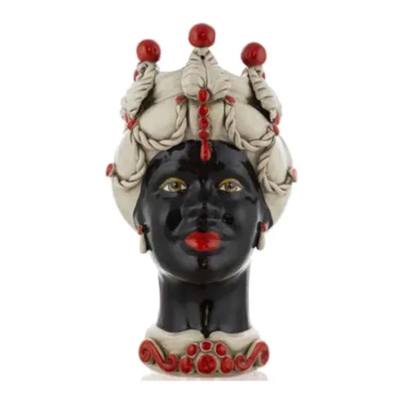 Sizilianische Keramik von Caltagirone "Moro Kopf" Lady Verus White Antik Gesicht schwarz glänzend rote Details
