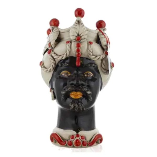 Céramique Sicilienne de Caltagirone "Tête de brun" Man Verus blanc antique visage noir brillant détails rouges