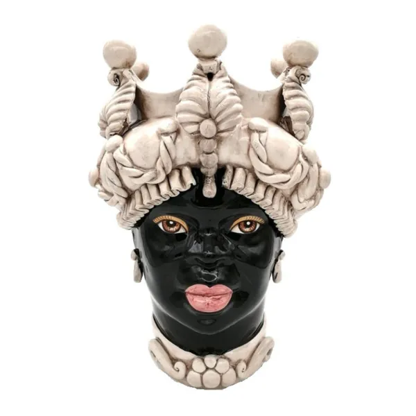 Sicilian Ceramics of Caltagirone "Testa di moro" Lady Verus antique white glossy black face