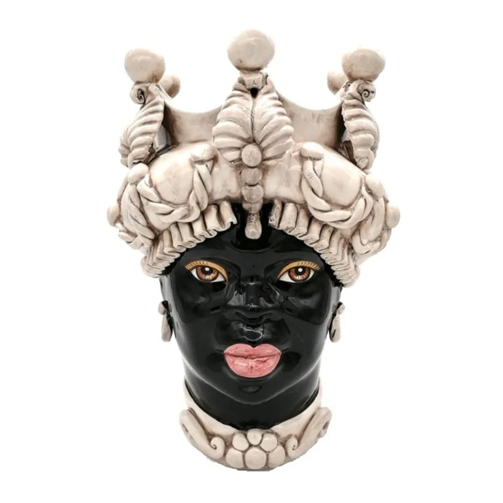 Céramique sicilienne de Caltagirone "Tête de brun" Lady Verus blanc antique visage noir brillant