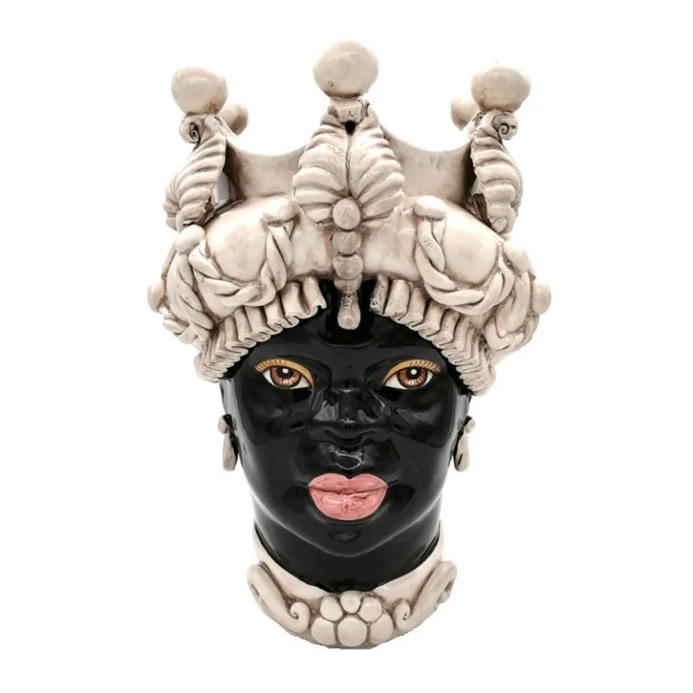 Sicilian Ceramics of Caltagirone "Testa di moro" Lady Verus antique white glossy black face
