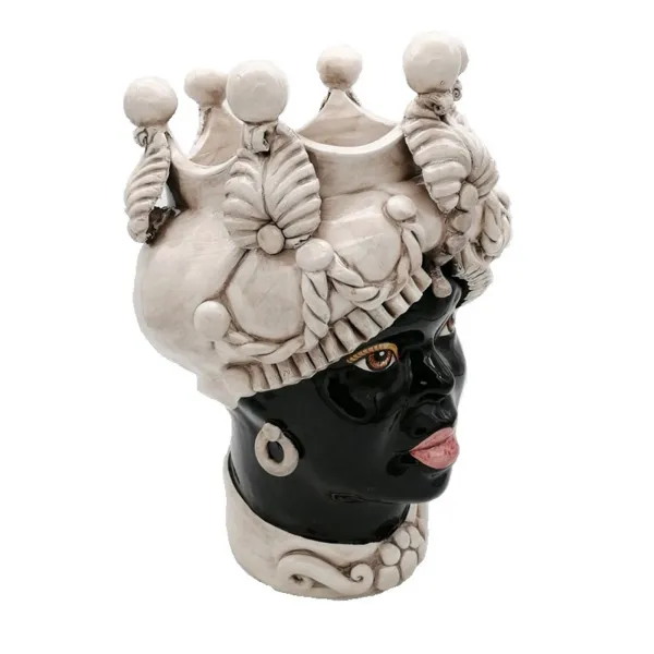 Ceramiche Siciliane di Caltagirone "Testa di moro" Lady Verus bianco antico volto nero lucido 2