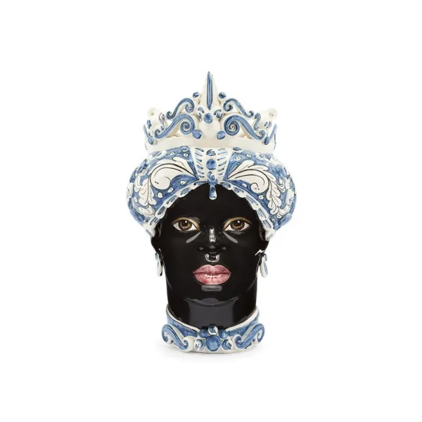 Ceramiche Siciliane di Caltagirone "Testa di Moro"Lady Bianco Ornato, Blu, Nero Lucido
