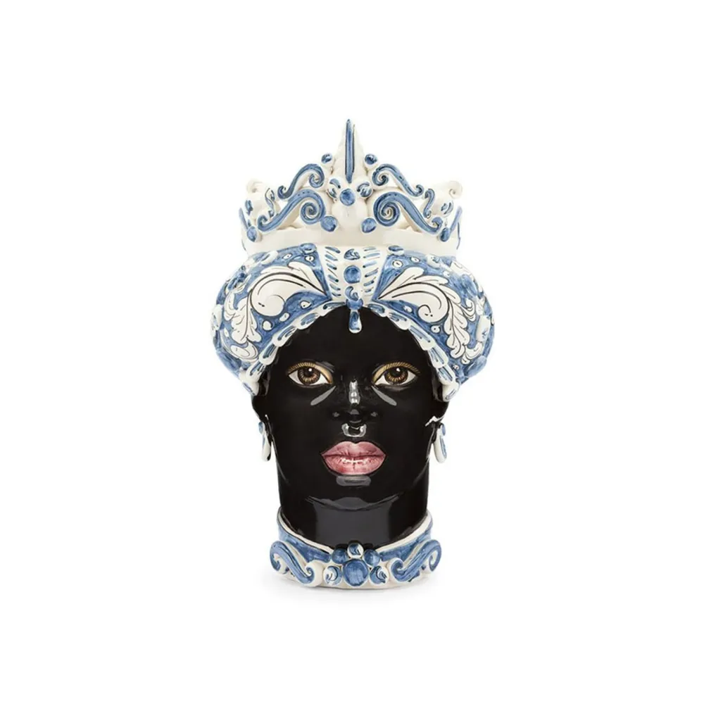 Cerámica siciliana de Caltagirone "Testa di Moro" Lady Ornate White, Blue, Glossy Black