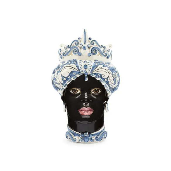 Ceramiche Siciliane di Caltagirone "Testa di Moro"Lady Bianco Ornato, Blu, Nero Lucido
