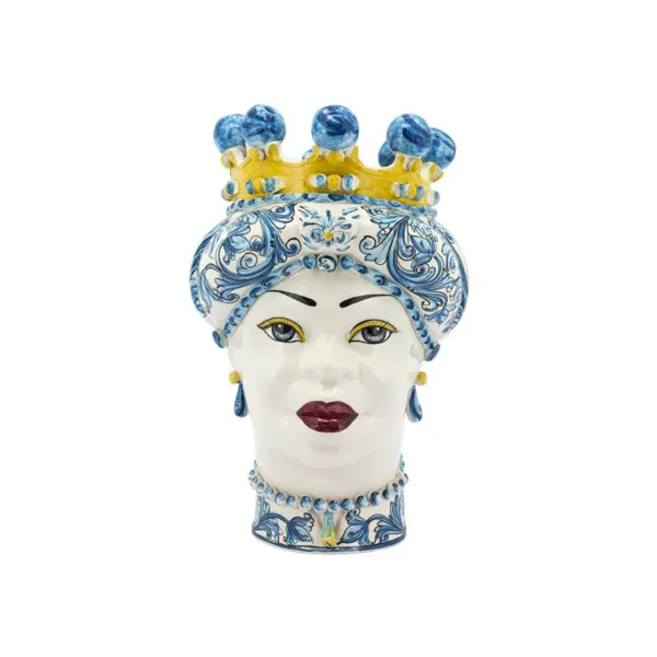 Sizilianische Keramik aus Caltagiron "Testa di Moro" Lady New Ornate Glänzendes Weiß, Blau und Gelb