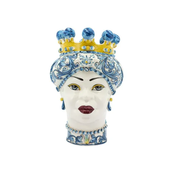Cerámica siciliana de Caltagirone "Testa di Moro" Lady New adornado blanco brillante, azul y amarillo
